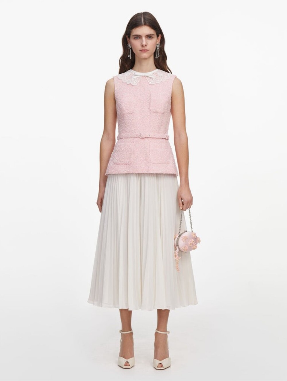 Self Portrait Pink Boucle Lace Collar Midi Dress